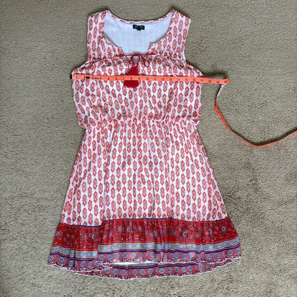 Lily Rose Split Neck Blouson Orange Print Chiffon Mini Boho Dress - Size: Medium - Picture 4 of 9